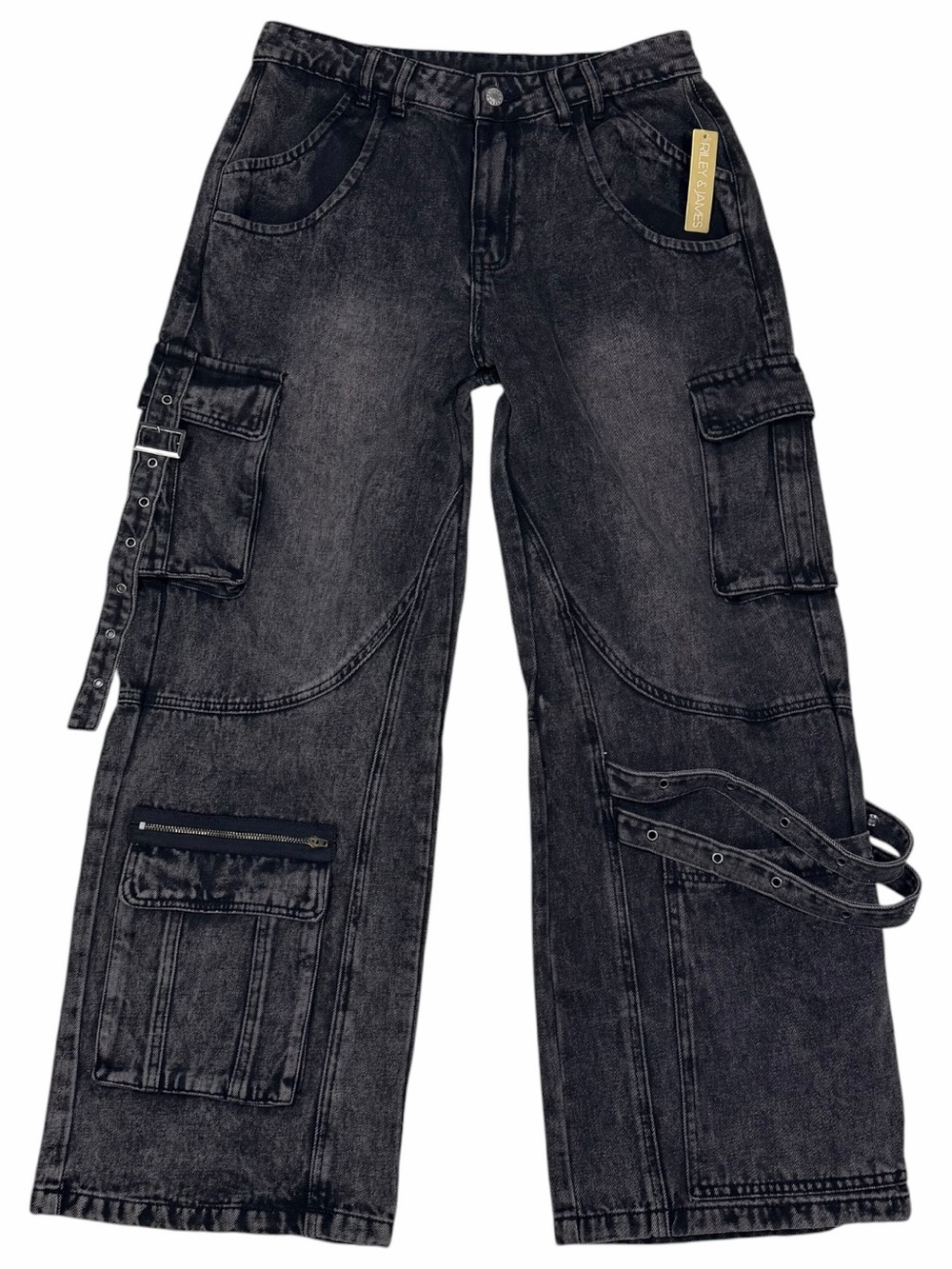 NWT Y2K Black Wide Leg Cargo Jeans Utility Streetwear Riley & James - Picture 2 of 13